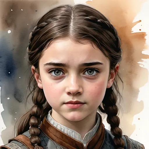 Prompt: an aquarelle illustration of Arya Stark as he is described in the song of ice and fire books, "Nine years old at the start of A Game of Thrones, Arya's appearance is more Stark than Tully, with a long face,[1] grey eyes,[22] and brown hair.[1] She is skinny and athletic. She is bullied over her looks by her sister and the other girls at Winterfell who call her "Arya Horseface",[1] and is often mistaken for a boy.[23][3] However, other characters like Ravella Smallwood and the kindly man describe her as pretty.[11][16] Eddard says Arya looks like her beautiful late aunt, Lyanna Stark[2] and when Bran Stark sees a vision of a girl who could be Lyanna, he describes her as looking like Arya.[24] Arya is a spirited girl interested in fighting and exploration, unlike her older sister, Sansa. Arya wants to learn how to fight with a sword, to the horror of Sansa, who enjoys the more traditional pursuits of a noblewoman.", hcr, uhd, very detailed, cinematic
