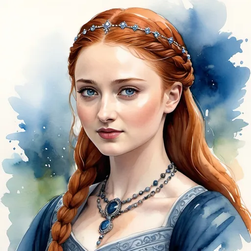 Prompt: an aquarelle illustration of Sansa Stark as he is described in the song of ice and fire books, "Sansa is traditionally beautiful, taking after her mother's family (House Tully) with her high cheekbones,[10] deep blue eyes,[11] and thick soft auburn hair, which is lighter than her mother's.[12] She is eleven years old at the start of A Song of Ice and Fire.[13] As she has grown up, her figure has been described as tall,[14] graceful,[15] and womanly.[16] Sansa is described as soft-spoken and sweet-smelling.[17] Raised as a lady, Sansa possesses the traditional feminine graces of her milieu, with a keen interest in music, poetry, singing, dancing, embroidery, and other traditional feminine activities. Like many girls her age, Sansa is enthralled by songs and stories of romance[18] and adventure, particularly those depicting handsome princes, honorable knights, chivalry, and love.[10] She keeps faith with both the old gods and the Seven.", hcr, uhd, very detailed, cinematic