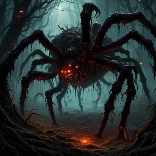 Prompt: <mymodel>An illustration of a giant black spider at clearing in a dark horrible forest lurking, monster, 8 legs, uncultivated, at night, dark, magic the gathering artstyle, crowded with glowing magical white mushrooms, small clouds with glowing spores in the air, horrifing magical, wild, impenetrable, overgrown, grim, foggy, very detailed, cinematic, Ultra-HD, Art by Greg Rutkowski