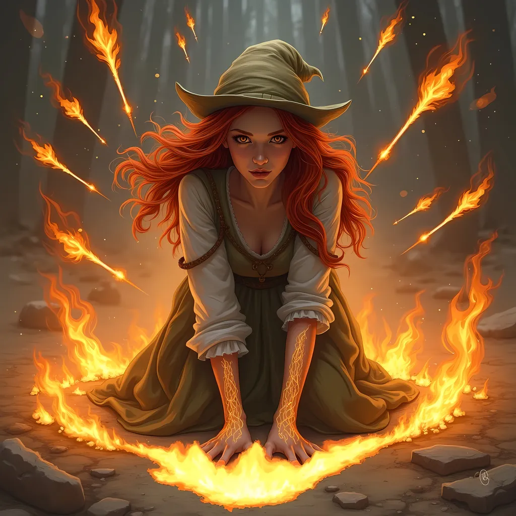 Prompt: Create a highly detailed fantasy illustration of a young woman with red hair, dressed as a medieval wizard scholar, wearing a cap and elegant robes. She is on her knees, hands on the ground, surrounded by swirling flames that create an intense and dramatic scene. In the air around her, several arrows made of fire hover, pointed outward toward unseen enemies encircling her. Her expression should convey a mix of determination and vulnerability as she channels her magical abilities to defend herself. The background should depict a chaotic environment filled with flickering flames and shadows, emphasizing the urgency and tension in the moment.