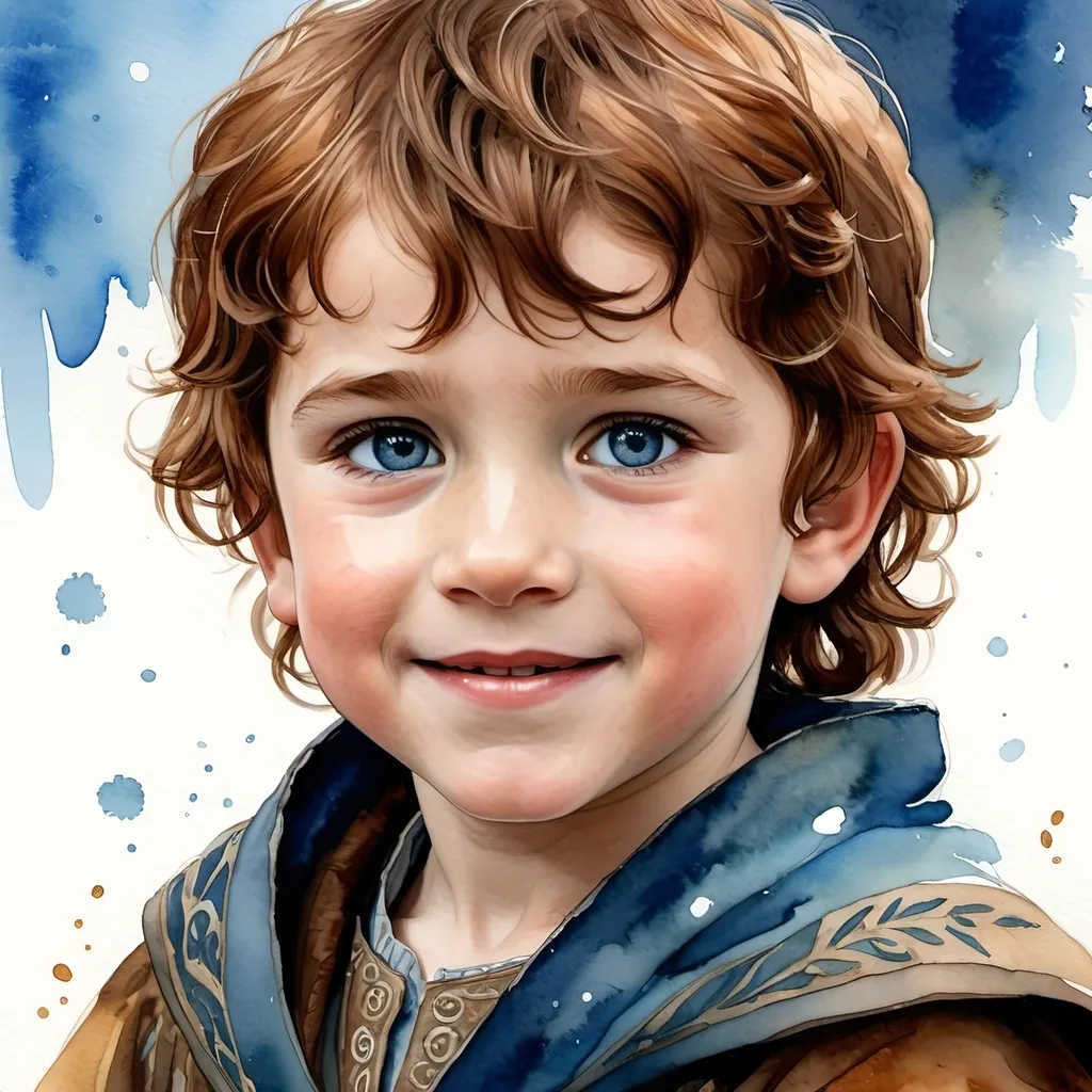 Prompt: an aquarelle illustration of Rickon Stark as he is described in the song of ice and fire books, "Rickon favors his mother Catelyn in appearance, having the bright blue eyes, auburn hair, and easy smile of a Tully.[5][6][7]
Young Rickon is playful, but temperamental and stubborn.[8][9] He has breathless laughter[10] and fiercely tries to be like his older brothers.[11] Rickon's family often thinks of him as a baby.[12][13][14]
Rickon wears an ermine mantle.[15]", hcr, uhd, very detailed, cinematic