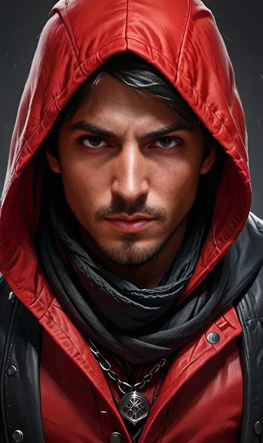 Prompt: a detailed character portrait of a human assassin, wearing a red coat hood and a black scarf hiding his face, very detailed, ultra hd, professional, best quality