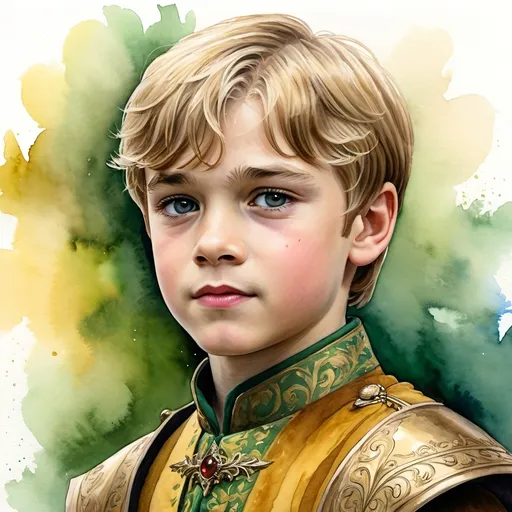 Prompt: an aquarelle illustration of Prince Tommen Baratheon as he is described in the song of ice and fire books, "Tommen is plump, with long white-blond hair.[5] He has golden curls and emerald green eyes.[6][7] At the beginning of A Song of Ice and Fire, he is seven years old. Tommen, unlike Joffrey, is regarded as a good-hearted lad who always tries his best.[8] Tommen is tenderhearted[9] and not as strong-willed as his brother. Many other characters (except his mother)[7] believe that he would be a much better king than Joffrey.[10] Tommen is fond of applecakes,[11] and enjoys reading.[6] He is a clumsy but earnest dancer.[12] He is afraid of Sandor Clegane.", hcr, uhd, very detailed, cinematic