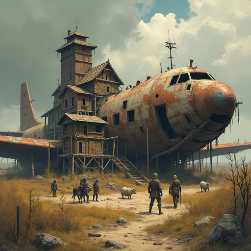 Prompt: a masterpiece drawing of a detailed scene of a post-apocalyptic tribal settlement centered around the rusty wreck of a large plane, set in a rural New York area. The plane is partially buried in the earth, with wooden structures built around and on top of it in a medieval style. Include small houses made from salvaged materials, stables for animals, and sturdy wooden palisade walls enclosing the settlement. Add watchtowers made of wood, giving a sense of security and vigilance. The landscape should be overgrown with wild vegetation, and the sky should have a dramatic, moody atmosphere, reflecting the harshness of this new world. Raiders can be seen engaging in daily activities, showcasing a blend of survival and adaptation in their unique environment