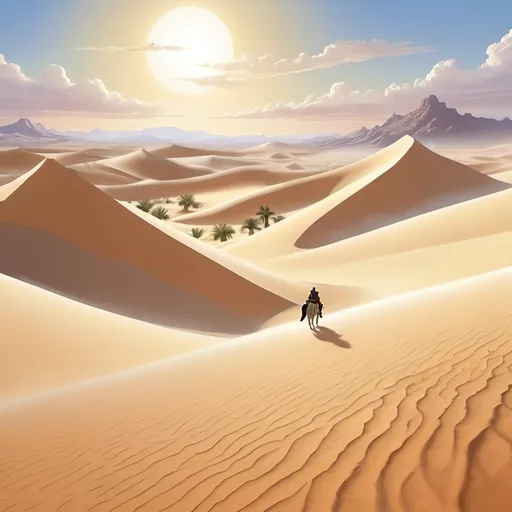 Prompt: An illustration of a desert with white sand, artstyle of magic the gathering, hcr, uhd, very detailed, Ultra-HD 