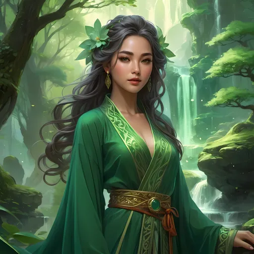 Prompt: Detailed face, detailed hair, detailed skin, detailed clothing, full body view, best quality, jade mage, concept art, young female, masterpiece, fantasy, magical, intricate design, lush green tones, flowing robes, mystical surroundings, enchanted atmosphere
