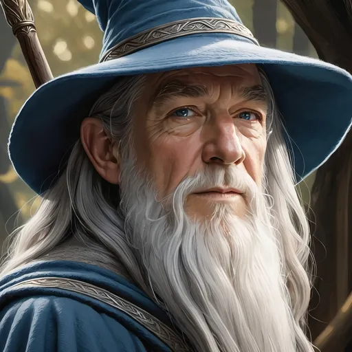 Prompt: An illustration of Gandalf, He wore a tall pointed blue hat, a long grey cloak, and a silver scarf. He had a long white beard and bushy eyebrows that stuck out beyond the brim of his hat. Very detailed, hcr, uhd, cinematic, drawn picture, Art by Greg Rutkowski
