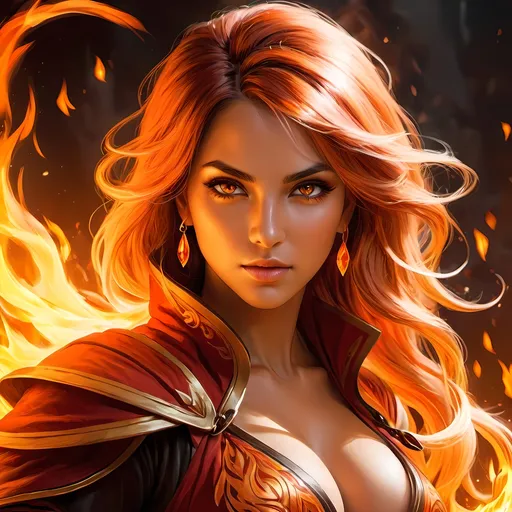Prompt: Detailed female fire mage concept art, detailed hair, detailed skin, masterpiece, drawing, painting, powerful, dramatic lighting, high quality, detailed eyes, intense gaze, fiery atmosphere, fantasy, magical, vibrant colors, dynamic posing, fantasy art, professional, artistry, detailed flames, fierce expression