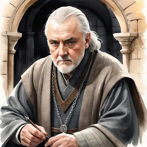 Prompt: an aquarelle illustration of Measter Luwin as he is described in the song of ice and fire books, "A tireless maester,[3] Luwin is a small grey man with grey eyes and thinning hair.[4][5] He wears a robe of grey wool with voluminous sleeves. In the sleeves are sewn pockets, from which Luwin is always drawing things.[4] His maester's collar is a simple choker,[6] and he often tugs at the chain around his neck when he is uncomfortable.[5] His turret at Winterfell is always so cluttered that it seems to Bran Stark a wonder that Luwin ever finds anything. He owns a bronze far-eye from Myr.[7] Luwin is one of the few maesters who have bothered to earn the Valyrian steel link, which signifies the study of the higher mysteries.[8] He is skeptical of hedge wizards[9] and Old Nan's stories,[10] believing that the children of the forest and giants are extinct.", hcr, uhd, very detailed, cinematic