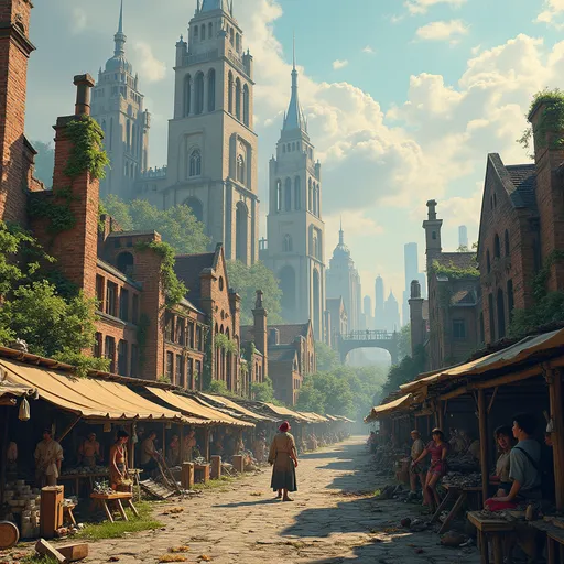 Prompt: a masterpiece drawing of manhattan, 500 years after the downfall, fallen destroid sky scrapers, ruins of the old city still visable, medieval looking buildings built inbetween the ruins, market stables, merchants, raiders,  a new vibrant town built on it after the downfall of civilisation, technoogy of 1200, vibrant, livestock, greenery, cinematic