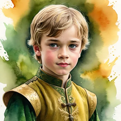 Prompt: an aquarelle illustration of Prince Tommen Baratheon as he is described in the song of ice and fire books, "Tommen is plump, with long white-blond hair.[5] He has golden curls and emerald green eyes.[6][7] At the beginning of A Song of Ice and Fire, he is seven years old. Tommen, unlike Joffrey, is regarded as a good-hearted lad who always tries his best.[8] Tommen is tenderhearted[9] and not as strong-willed as his brother. Many other characters (except his mother)[7] believe that he would be a much better king than Joffrey.[10] Tommen is fond of applecakes,[11] and enjoys reading.[6] He is a clumsy but earnest dancer.[12] He is afraid of Sandor Clegane.", hcr, uhd, very detailed, cinematic