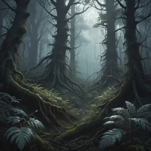 Prompt: An illustration of a dark horrible forest, uncultivated, wild, impenetrable, Depth of Field, overgrown, grim, foggy, very detailed, cinematic, Ultra-HD, Art by Greg Rutkowski