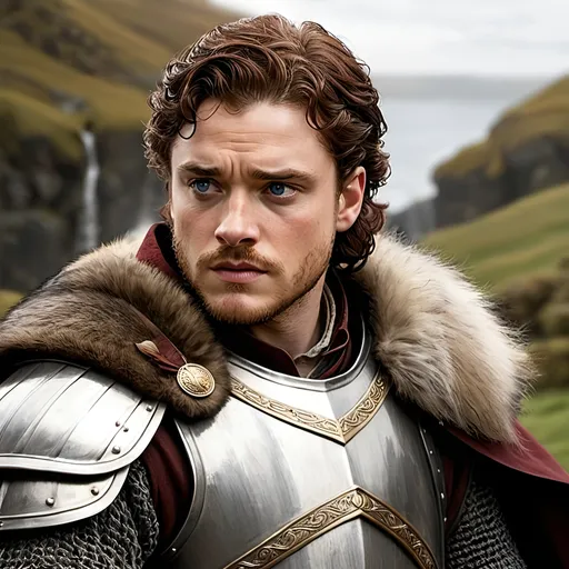 Prompt: an illustration of robb stark from game of thrones as described in the books, Robb's appearance favors his Tully side, with a stocky build, blue eyes, and thick red-brown hair. He is strong and fast. He opens the series as a boy of fourteen years. Robb wears a white cloak and surcoat over his mail. He wields a longsword and an oak shield decorated with a direwolf's head. Robb's horses include a big grey-and-white gelding, a grey stallion, and a piebald gelding. Robb is better with a lance than his half brother, Jon Snow, although Jon is more skilled with a sword.Robb is his father Eddard's son, with a keen sense of justice[14] and courtesy, hcr, uhd, very detailed