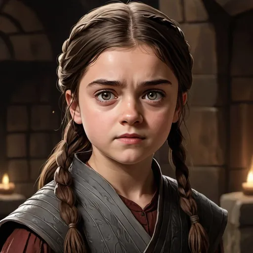 Prompt: an illustration of arya stark from game of thrones as described in the books, "Nine years old at the start of A Game of Thrones, Arya's appearance is more Stark than Tully, with a long face, grey eyes, and brown hair. She is skinny and athletic. She is bullied over her looks by her sister and the other girls at Winterfell who call her "Arya Horseface", and is often mistaken for a boy" hcr, uhd, very detailed