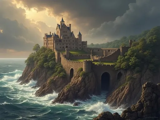 Prompt: Masterpiece drawing of a colonial American fort combined with a medieval castle atop a rugged cliff, overlooking a stormy sea, dramatic dark clouds rolling in, waves crashing fiercely against rocky shores, intricate stone work, lush greenery framing the fort, cinematic atmosphere, high detail, engaging view that evokes a sense of history and grandeur, vibrant, ultra-detailed.