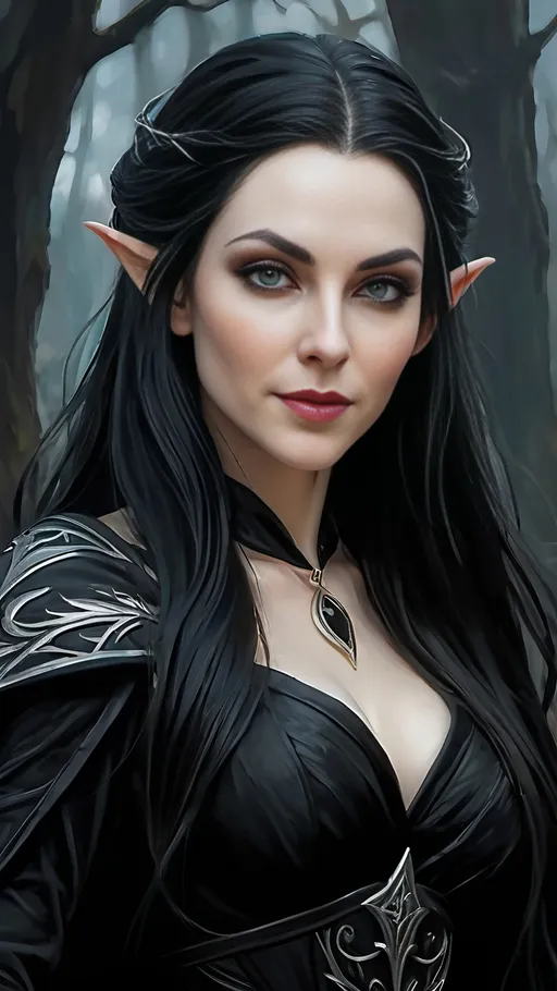 Prompt: Tall elven lady with pale skin, long black hair, evil grin, long black nails, long black witch dress, evil-looking, oil painting, pathfinder wrath of the righteous, ultra HD, detailed, professional, fantasy, sinister expression, dark fantasy art, detailed features, high-quality fantasy artwork, gothic style, intense stare, atmospheric lighting