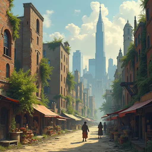 Prompt: a masterpiece drawing of manhattan, 500 years after the downfall, fallen destroid sky scrapers, ruins of the old city still visable, medieval looking buildings built inbetween the ruins, market stables, merchants, raiders,  a new vibrant town built on it after the downfall of civilisation, technoogy of 1200, vibrant, livestock, greenery, cinematic