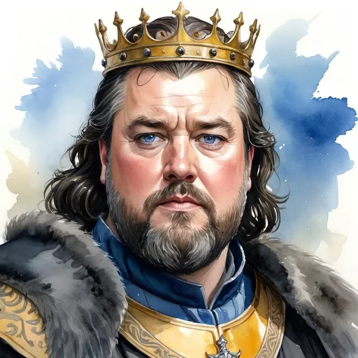 Prompt: an aquarelle illustration of King Robert I Baratheon as he is described in the song of ice and fire books, "Robert has the classic Baratheon look: black hair and bright blue eyes.[14] His heavy black hair is thick on his chest, and coarse around his lower body.[15] He is a very tall man;[14] Eddard Stark estimates his height to be six and a half feet.[16] As a young adult, Robert was a handsome,[14] clean-shaven man,[16] with rough and hard hands.[17] He was strong and powerful, and muscled "like a maiden's fantasy." In 289 AC, after putting down Greyjoy's Rebellion, Robert's appearance began to change. Due to excessive feasting and drinking, Robert gained a significant amount of weight. In the nine years since, he gained at least eight stone.[16] Now, he is often red-faced from drink,[5] with dark circles underneath his eyes,[16] and walks as if he is half in his cups, while sweating through his silks.[5] Robert's beard, a wild, thick and fierce thing,[18] hides his double chin.", hcr, uhd, very detailed, cinematic