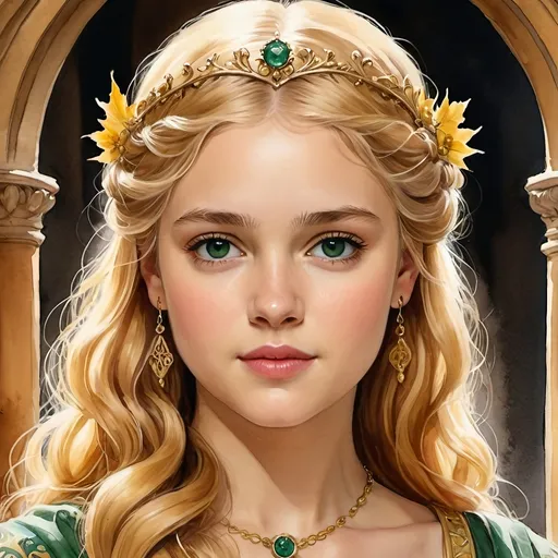 Prompt: an aquarelle illustration of Myrcella Baratheon as he is described in the song of ice and fire books, "Myrcella has golden curls,[3] emerald eyes,[4] and full lips.[5] She is described by her uncle, Tyrion Lannister, as having all of her mother Cersei's beauty, but none of her mother's nature.[6] Myrcella is delicate, beautiful, and courteous.[7] For her age, she displays courage, a strong will, and high intelligence.[8][5] She is eight,[9] or almost eight,[10] at the beginning of A Song of Ice and Fire. Myrcella resembles Rosamund Lannister.", hcr, uhd, very detailed, cinematic