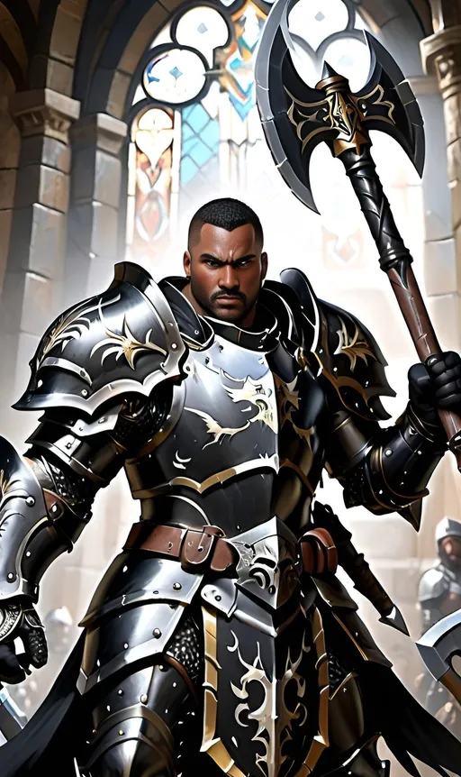 Prompt: a detailed character portrait of a tortured paladin, wearing black armor and a massive two handed war axe, very detailed, ultra hd, professional, best quality