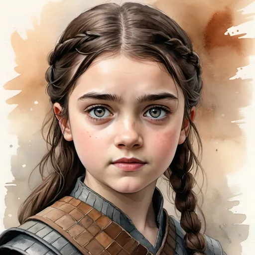 Prompt: an aquarelle illustration of Arya Stark as he is described in the song of ice and fire books, "Nine years old at the start of A Game of Thrones, Arya's appearance is more Stark than Tully, with a long face,[1] grey eyes,[22] and brown hair.[1] She is skinny and athletic. She is bullied over her looks by her sister and the other girls at Winterfell who call her "Arya Horseface",[1] and is often mistaken for a boy.[23][3] However, other characters like Ravella Smallwood and the kindly man describe her as pretty.[11][16] Eddard says Arya looks like her beautiful late aunt, Lyanna Stark[2] and when Bran Stark sees a vision of a girl who could be Lyanna, he describes her as looking like Arya.[24] Arya is a spirited girl interested in fighting and exploration, unlike her older sister, Sansa. Arya wants to learn how to fight with a sword, to the horror of Sansa, who enjoys the more traditional pursuits of a noblewoman.", hcr, uhd, very detailed, cinematic