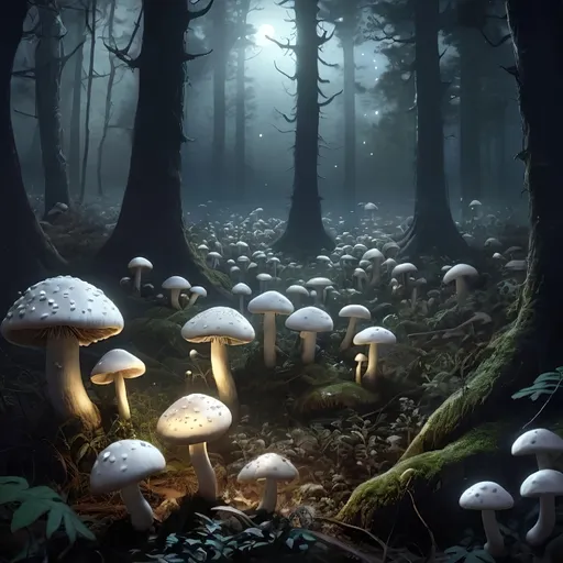 Prompt: An illustration of a clearing in a dark horrible forest, uncultivated, at night, dark, crowded with glowing magical white mushrooms, horrifing magical, wild, impenetrable, Depth of Field, overgrown, grim, foggy, very detailed, cinematic, Ultra-HD, Art by Greg Rutkowski