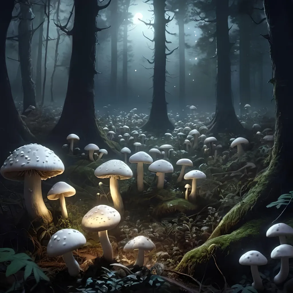 Prompt: An illustration of a clearing in a dark horrible forest, uncultivated, at night, dark, crowded with glowing magical white mushrooms, horrifing magical, wild, impenetrable, Depth of Field, overgrown, grim, foggy, very detailed, cinematic, Ultra-HD, Art by Greg Rutkowski