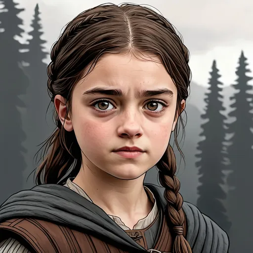Prompt: an illustration of arya stark from game of thrones as described in the books, "Nine years old at the start of A Game of Thrones, Arya's appearance is more Stark than Tully, with a long face, grey eyes, and brown hair. She is skinny and athletic. She is bullied over her looks by her sister and the other girls at Winterfell who call her "Arya Horseface", and is often mistaken for a boy" hcr, uhd, very detailed