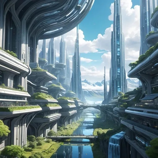 Prompt: anime artstlye, a big futuristic city on a planet thats nature is inspired by iceland, human city, ruled by a mega corp, very detailed, macro perspectiv, cinematic