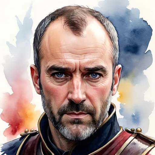 Prompt: an aquarelle illustration of Stannis Baratheon as he is described in the song of ice and fire books, "Like his brothers, Robert and Renly, Stannis is a large man - tall, broad-shouldered, and sinewy.[15] Jon Snow notes that Stannis towers over him.[16] Stannis has dark blue eyes and a heavy brow. His head has only a fringe of black hair "like the shadow of a crown", and he has a close-cropped beard across his large jaw.[15] His face has a tightness to it like cured leather, and he has hollow cheeks, and thin, pale lips.[15] He grinds his teeth regularly.[15][9][17]

Stannis is a serious, stubborn, rarely-forgiving, hard man with a strong sense of duty and justice.[18][19][20][21][11][9][7] He is proud and protective of his honor.[22][9][23][24] Stannis is an accomplished commander, sailor, and warrior[19] with no thirst for battle, instead commanding from the rear.[25] He has never had the affection of nobles or smallfolk.[15][9][26][27] In his adult life, Stannis is increasingly embittered by the lack of affection he receives from Robert, even though he serves the king as well as he can.[15][13] ", hcr, uhd, very detailed, cinematic