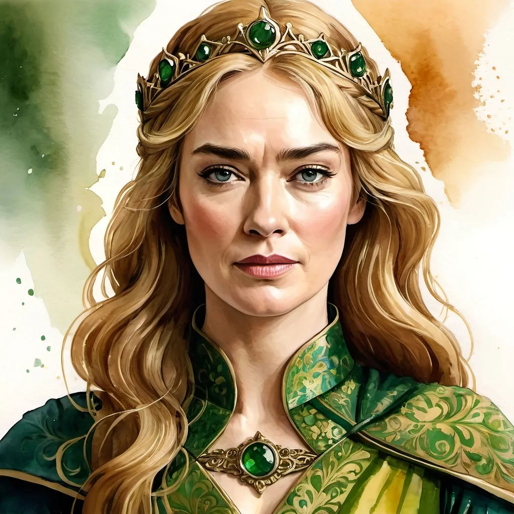 Prompt: an aquarelle illustration of Cersei Lannister as he is described in the song of ice and fire books, "Cersei is a strikingly beautiful woman,[3] with curly[4][5][6] golden hair,[7][8] emerald green eyes,[9][10][11][12][7][13][14] fair skin,[10] and a slender, graceful figure.[7] When they were children, Cersei and her twin brother, Jaime, looked so alike not even their father, Tywin, could tell them apart.[15] As adults, they still significantly resemble each other.[16][17]
Cersei is willful, ambitious, and according to her brother Tyrion Lannister, has a certain low cunning.[18] She is hungry and greedy for power.[19][20] Cersei believes herself to be subtle[16] and politically astute. She hates being excluded from power on account of her gender,[21] and resents the customs and conventions put on her because she is female.[7][15] She thinks of herself as a female version of her father,[22][10][23][24] and feels slighted when people do not obey her commands as they would have done for Lord Tywin, but instead give her their counsel, or disagree with her, which she faults on her gender.[25] Cersei is impatient,[7] and never forgets a slight, whether real or imagined. She considers caution to be cowardice and disagreement for defiance.[20] Her quick temper and her easily wounded pride frequently lead her to make rash decisions, and she rarely considers what unintended consequences her actions might have.", hcr, uhd, very detailed, cinematic