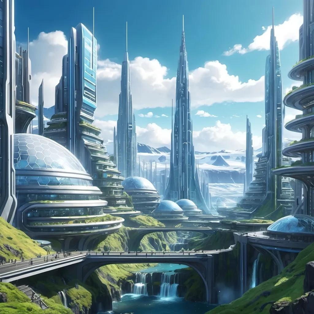 Prompt: anime artstlye, a big futuristic city on a planet thats nature is inspired by iceland, human city, ruled by a mega corp, very detailed, macro perspectiv, cinematic