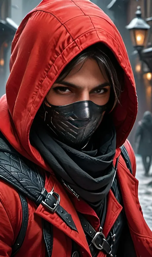 Prompt: a detailed character portrait of a human assassin, wearing a red coat hood and a black scarf hiding his face, very detailed, ultra hd, professional, best quality