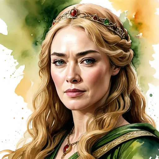 Prompt: an aquarelle illustration of Cersei Lannister as he is described in the song of ice and fire books, "Cersei is a strikingly beautiful woman,[3] with curly[4][5][6] golden hair,[7][8] emerald green eyes,[9][10][11][12][7][13][14] fair skin,[10] and a slender, graceful figure.[7] When they were children, Cersei and her twin brother, Jaime, looked so alike not even their father, Tywin, could tell them apart.[15] As adults, they still significantly resemble each other.[16][17]
Cersei is willful, ambitious, and according to her brother Tyrion Lannister, has a certain low cunning.[18] She is hungry and greedy for power.[19][20] Cersei believes herself to be subtle[16] and politically astute. She hates being excluded from power on account of her gender,[21] and resents the customs and conventions put on her because she is female.[7][15] She thinks of herself as a female version of her father,[22][10][23][24] and feels slighted when people do not obey her commands as they would have done for Lord Tywin, but instead give her their counsel, or disagree with her, which she faults on her gender.[25] Cersei is impatient,[7] and never forgets a slight, whether real or imagined. She considers caution to be cowardice and disagreement for defiance.[20] Her quick temper and her easily wounded pride frequently lead her to make rash decisions, and she rarely considers what unintended consequences her actions might have.", hcr, uhd, very detailed, cinematic