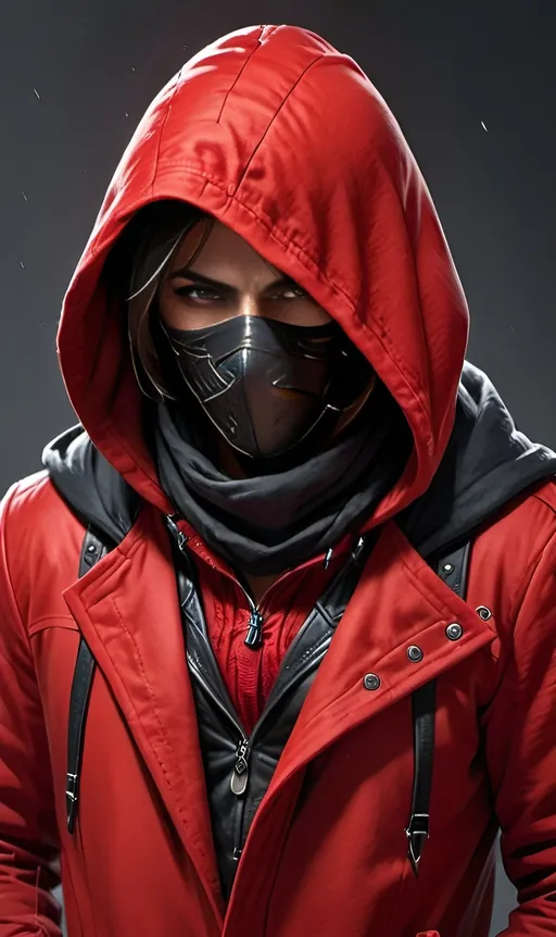 Prompt: a detailed character portrait of a human assassin, wearing a red coat hood and a black scarf hiding his face, very detailed, ultra hd, professional, best quality