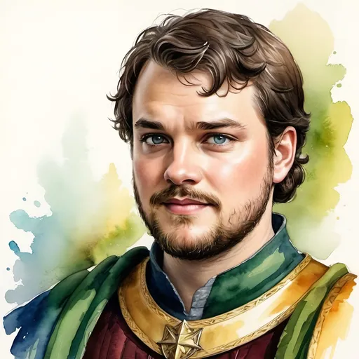 Prompt: an aquarelle illustration of Renly Baratheon as he is described in the song of ice and fire books, "Renly is described as a powerful man[6] who is lean and lithe.[7] He has a handsome, clean-shaven face.[6] Renly greatly resembles a young King Robert I Baratheon,[8] being near as tall as his eldest brother had been.[9] Like Robert, Renly has an easy smile.[8][9] He is taller and broader in the chest than Ser Loras Tyrell.[10]
Renly's thick[11] hair is described as black as jet[6] and coal.[9][7] His fine and straight[9] hair currently falls to his shoulders,[6] although Renly has sometimes kept it short or tied it behind his head with a golden ribbon.[7] He always keeps his hair clean and combed.[7] Renly has been described as having laughing green eyes which match his armor,[6] as well as deep blue eyes[7] which resemble those of Robert.[9][12] According to a semi-canon source, George R. R. Martin reconciled the difference by suggesting Renly has blue-green eyes which change color depending on what he wears.[13] Renly is a charismatic man, winning friends easily, but he also strikes some people as frivolous.[9] Renly enjoys tourneys and hunting but is not driven by the passion for food, drink, or wenching as King Robert came to be. He is quite popular with smallfolk due to his good looks, friendly ways, and charisma.[14] According to Maester Cressen, Renly is a bold man who acts from impulse.[15] Queen Cersei Lannister dislikes her brother-in-law because of his mockery., hcr, uhd, very detailed, cinematic