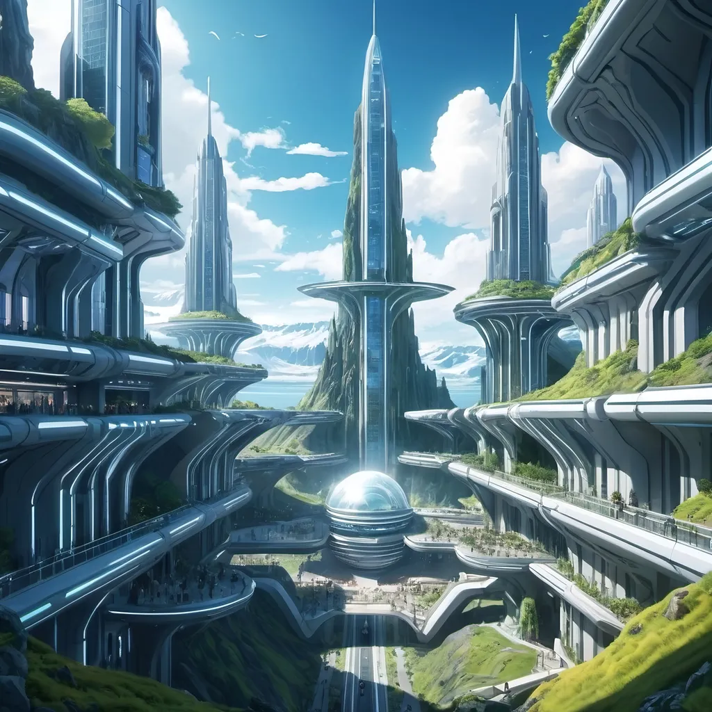 Prompt: anime artstlye, a big futuristic city on a planet thats nature is inspired by iceland, human city, ruled by a mega corp, very detailed, macro perspectiv, cinematic