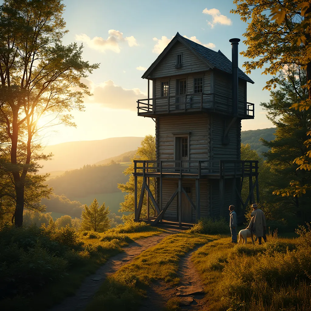 Prompt: Create a captivating scene of a wooden blockhouse-style watchtower nestled in the lush woods of Vermont during the harvest season. The tower, constructed from sturdy logs and featuring colonial American architectural elements, should evoke a sense of resilience and ingenuity, reflecting the post-apocalyptic society that built it. The atmosphere should be serene yet fortified, with a distant view of rolling hills under a clear blue sky. Perhaps include a few figures in period-appropriate clothing, engaged in daily tasks, symbolizing the harmony between human ingenuity and nature. cinematic, beautiful light, light rays, sun set
