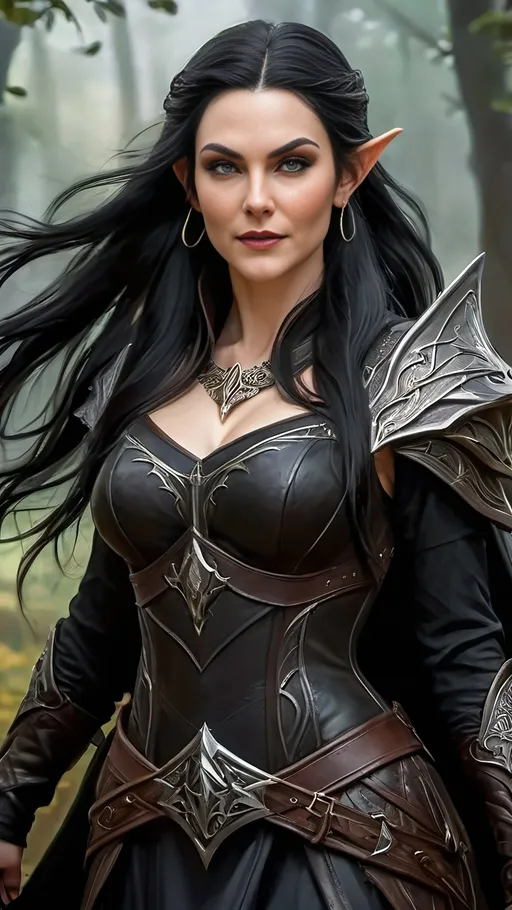 Prompt: a  tall elven lady with pale skin long black hair and an evil grin, long black nails, and a long black witch dress, evil looking, oil painting, pathfinder wrath of the righteous, ultra HD, detailed, professional, fantasy, intense expression, rugged texture, dynamic pose, fierce boar, detailed beard, epic battle scene, mythical, detailed armor, dark and earthy tones, dramatic lighting