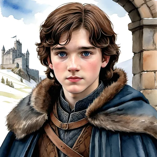 Prompt: an aquarelle illustration of Bran Stark as he is described in the song of ice and fire books, "Bran favors his mother Catelyn in appearance, having the thick auburn hair and deep blue eyes of the Tullys.[8][9] Bran is a sweet and thoughtful boy, well-loved by everyone at Winterfell. He has a fascination with climbing and exploring along the walls and ramparts of the castle. Catelyn once jested that Bran could climb before he could walk, however, his climbing often distresses her.[10] Like his siblings, Bran is also dutiful and tough-minded, but also possesses a propensity for adventure and excitement; he yearns to see far off places one day and dreams of becoming a knight.[3] His half-brother Jon Snow fondly thinks to himself that Bran was always "stubborn and curious", and in like manner constantly wanted to join in the play of the older boys, believing himself an adult at seven.[11] Bran owns grey breeches and a white doublet, the sleeves and collar of which are trimmed with vair.", hcr, uhd, very detailed, cinematic