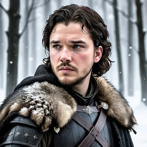 Prompt: an aquarelle illustration of John Snow as he is described in the song of ice and fire books, "Jon has the long face of the Starks.[11][12] He has dark[13][12] brown hair[14][15] and grey eyes,[12] so dark they almost seem black.[13] He is graceful and quick, and has a lean build.[13] Jon resembles his father, Lord Eddard Stark,[10][16] and has more Stark-like features than any of his half-brothers.[10] Because he looks so much like a Stark, Tyrion Lannister notes that whoever Jon's mother was, she left little of herself in her son's appearance.[11] Out of all the Stark children, Arya Stark is said to resemble Jon the most, as Robb, Sansa, Bran and Rickon take after their Tully mother, Catelyn.[17]
Jon looks solemn and guarded,[11] and is considered sullen and quick to sense a slight.[18] Due to having been raised in a castle and trained by a master-at-arms, Jon is seen by some lower-born members of the Night's Watch as arrogant at first,[1] though this changes when they become more friendly towards one another, as Jon is reminded of his nonetheless privileged background and decides to pass on his knowledge to them.", hcr, uhd, very detailed, cinematic