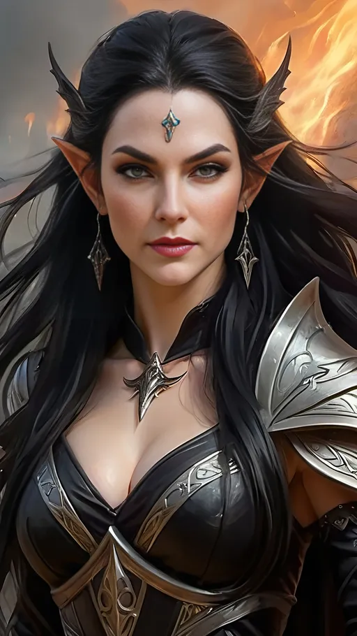 Prompt: a  tall elven lady with pale skin long black hair and an evil grin, long black nails, and a long black witch dress, evil looking, oil painting, pathfinder wrath of the righteous, ultra HD, detailed, professional, fantasy, intense expression, rugged texture, dynamic pose, fierce boar, detailed beard, epic battle scene, mythical, detailed armor, dark and earthy tones, dramatic lighting