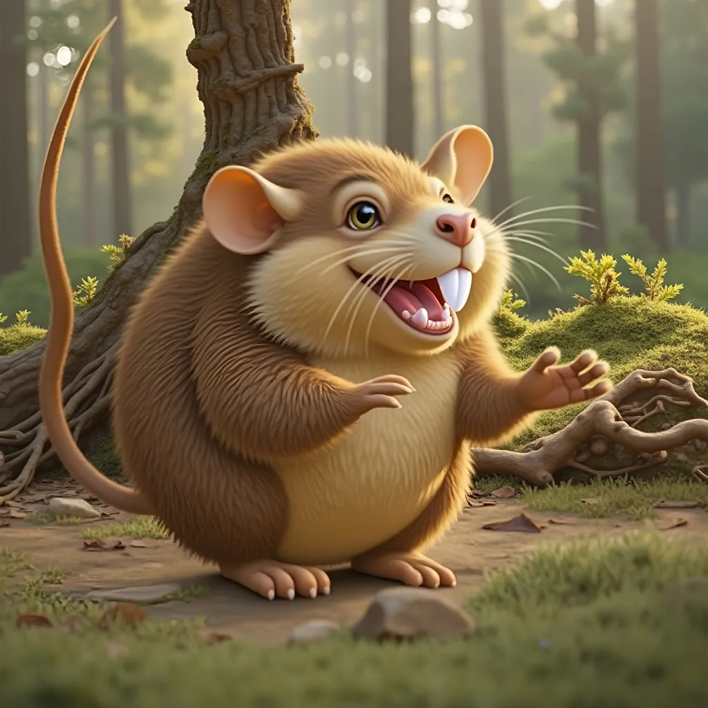Prompt: Capture a dramatic, high-definition photograph of a Raticate standing confidently on a moss-covered rock in a dense woodland setting. The scene should emphasize Raticate's strong, rodent-like features, including its sharp teeth and bushy tail, as it surveys its surroundings with a determined expression. Surround the area with rich forest details—gnarled tree roots, scattered leaves, and creeping ivy—to create a rugged and natural atmosphere. Soft, dappled light filtering through the canopy above should highlight Raticate's earthy brown fur and give depth to the environment, showcasing its adaptability and toughness in its wild habitat.