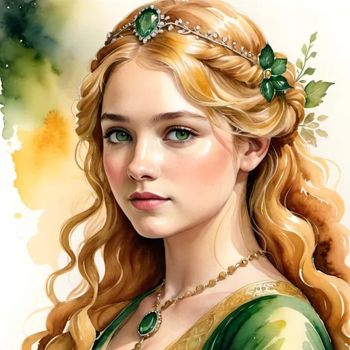 Prompt: an aquarelle illustration of Myrcella Baratheon as he is described in the song of ice and fire books, "Myrcella has golden curls,[3] emerald eyes,[4] and full lips.[5] She is described by her uncle, Tyrion Lannister, as having all of her mother Cersei's beauty, but none of her mother's nature.[6] Myrcella is delicate, beautiful, and courteous.[7] For her age, she displays courage, a strong will, and high intelligence.[8][5] She is eight,[9] or almost eight,[10] at the beginning of A Song of Ice and Fire. Myrcella resembles Rosamund Lannister.", hcr, uhd, very detailed, cinematic