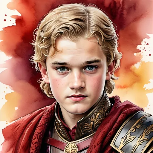 Prompt: an aquarelle illustration of Prince Joffrey Baratheon as he is described in the song of ice and fire books, "Joffrey has the Lannister look[12] and is tall for a boy his age, with blond curly hair.[13] Known to be handsome,[14] he has deep green eyes and pouty lips.[13] Jon Snow thinks that Joffrey looks like a girl.[14]
Twelve years old at the beginning of A Song of Ice and Fire,[13] Joffrey was strong-willed as a child.[15] Although he can be gallant[14] and courteous,[16] he has an uncontrollable temper not unlike his mother, Queen Cersei Lannister, and an unchecked sadistic streak.[17] He has little sense of right or wrong, which often leads him to trouble, especially when he loses his temper. When things go wrong, Joffrey blames the problems on others. Despite being willful he is reckless, vicious, cruel and not particularly intelligent, all of which combine to make him prone to irrational and bad judgements.", hcr, uhd, very detailed, cinematic