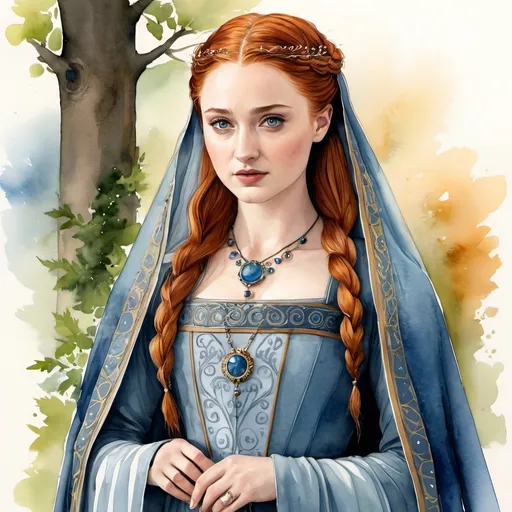 Prompt: an aquarelle illustration of Sansa Stark as he is described in the song of ice and fire books, "Sansa is traditionally beautiful, taking after her mother's family (House Tully) with her high cheekbones,[10] deep blue eyes,[11] and thick soft auburn hair, which is lighter than her mother's.[12] She is eleven years old at the start of A Song of Ice and Fire.[13] As she has grown up, her figure has been described as tall,[14] graceful,[15] and womanly.[16] Sansa is described as soft-spoken and sweet-smelling.[17] Raised as a lady, Sansa possesses the traditional feminine graces of her milieu, with a keen interest in music, poetry, singing, dancing, embroidery, and other traditional feminine activities. Like many girls her age, Sansa is enthralled by songs and stories of romance[18] and adventure, particularly those depicting handsome princes, honorable knights, chivalry, and love.[10] She keeps faith with both the old gods and the Seven.", hcr, uhd, very detailed, cinematic