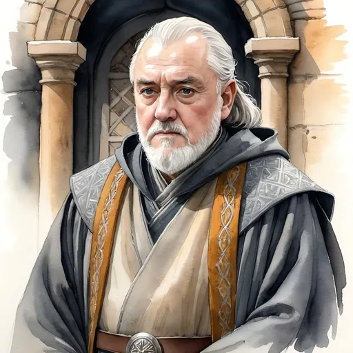 Prompt: an aquarelle illustration of Measter Luwin as he is described in the song of ice and fire books, "A tireless maester,[3] Luwin is a small grey man with grey eyes and thinning hair.[4][5] He wears a robe of grey wool with voluminous sleeves. In the sleeves are sewn pockets, from which Luwin is always drawing things.[4] His maester's collar is a simple choker,[6] and he often tugs at the chain around his neck when he is uncomfortable.[5] His turret at Winterfell is always so cluttered that it seems to Bran Stark a wonder that Luwin ever finds anything. He owns a bronze far-eye from Myr.[7] Luwin is one of the few maesters who have bothered to earn the Valyrian steel link, which signifies the study of the higher mysteries.[8] He is skeptical of hedge wizards[9] and Old Nan's stories,[10] believing that the children of the forest and giants are extinct.", hcr, uhd, very detailed, cinematic