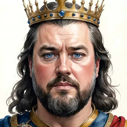 Prompt: an aquarelle illustration of King Robert I Baratheon as he is described in the song of ice and fire books, "Robert has the classic Baratheon look: black hair and bright blue eyes.[14] His heavy black hair is thick on his chest, and coarse around his lower body.[15] He is a very tall man;[14] Eddard Stark estimates his height to be six and a half feet.[16] As a young adult, Robert was a handsome,[14] clean-shaven man,[16] with rough and hard hands.[17] He was strong and powerful, and muscled "like a maiden's fantasy." In 289 AC, after putting down Greyjoy's Rebellion, Robert's appearance began to change. Due to excessive feasting and drinking, Robert gained a significant amount of weight. In the nine years since, he gained at least eight stone.[16] Now, he is often red-faced from drink,[5] with dark circles underneath his eyes,[16] and walks as if he is half in his cups, while sweating through his silks.[5] Robert's beard, a wild, thick and fierce thing,[18] hides his double chin.", hcr, uhd, very detailed, cinematic
