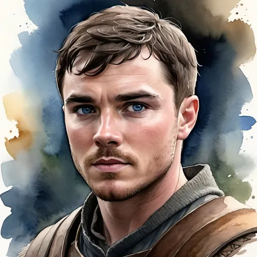 Prompt: an aquarelle illustration of Gendry as he is described in the song of ice and fire books, "Gendry is of a similar age to Robb Stark. Tall and muscled, he has blue eyes and thick, black hair.[5] When he grows a beard, it is also thick and black.[6] Gendry looks like a young Renly Baratheon, albeit with a squarer jaw, bushier brows, and tangled hair.[4]
Gendry is a smart boy, but stubborn, sullen, and suspicious.[5][6][7][8][4] Arya Stark thinks Gendry looks pained when he tries to think.[6][9] The smith can be shy around women.[10]
The apprentice is skilled at smithing but is not a good horseman.[8] Gendry made a rounded and curved steel helm shaped like a bull's head, with a slit visor and two great curving metal horns.[5][11] While Gendry often polishes the helm, he is reluctant to wear it.", hcr, uhd, very detailed, cinematic