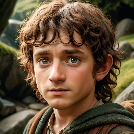 Prompt: An Illustration of Frodo as described in the Lord of the Rings Books, taller than some and fairer than most, [with] a cleft in his chin: perky chap with a bright eye." He has thick, curly brown hair like most other hobbits but lighter than usual skin. And he is shy. Very detailed, hcr, uhd, drawn picture, a hobbit
